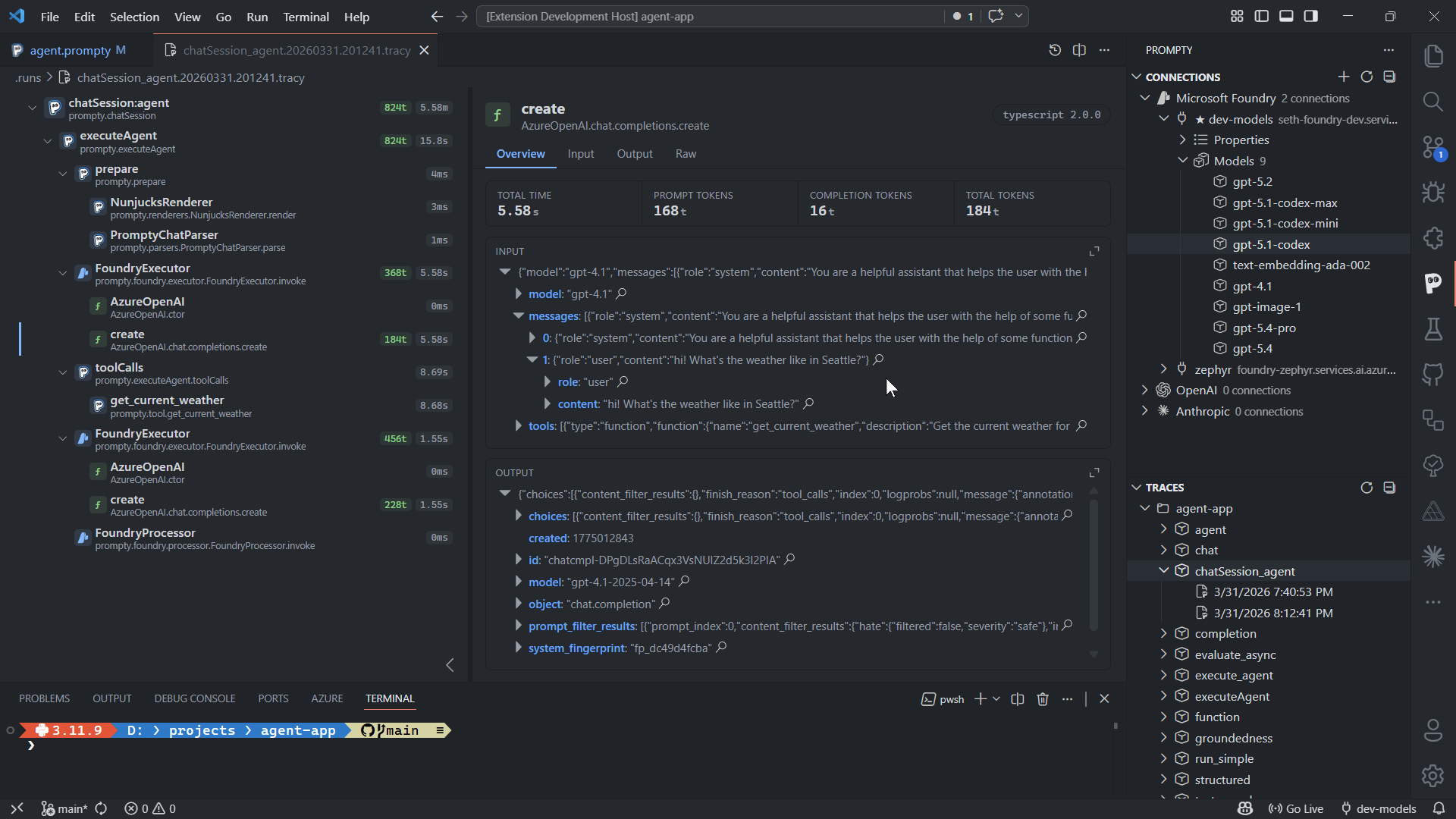 Trace viewer showing pipeline stages with timing and token counts